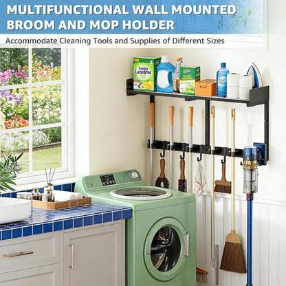 HUFAND Broom Holder Wall Mount - Heavy Duty Mop Organizer with Top Shelf & Vacuum Hook | 27" Black Utility Rack for Laundry, Garage, Kitchen, Garden
