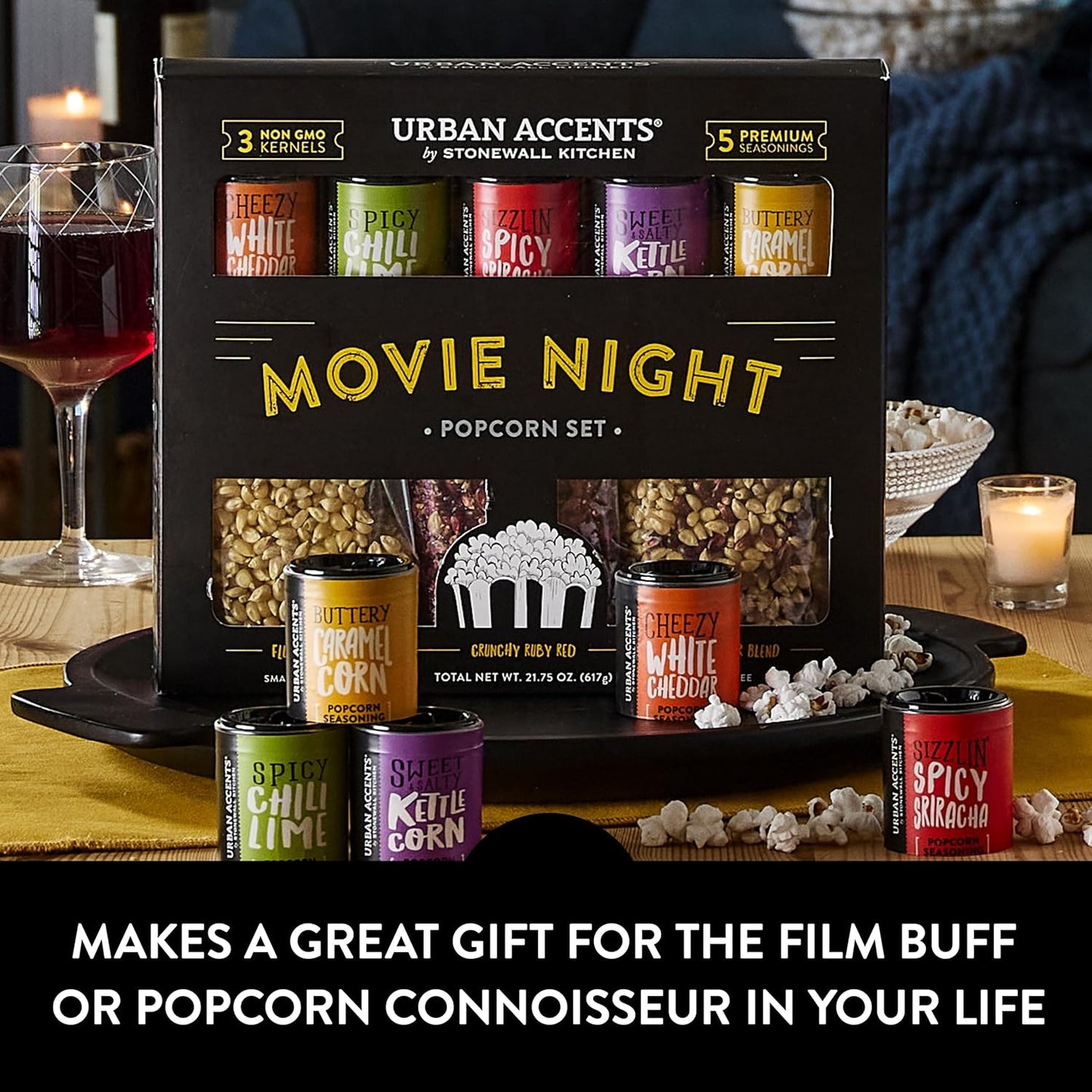Urban Accents Movie Night Popcorn Gift Set - 3 Gourmet Kernels & 5 Flavorful Seasonings | Ideal Snack Box for Parties