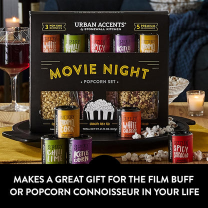 Urban Accents Movie Night Popcorn Gift Set - 3 Gourmet Kernels & 5 Flavorful Seasonings | Ideal Snack Box for Parties
