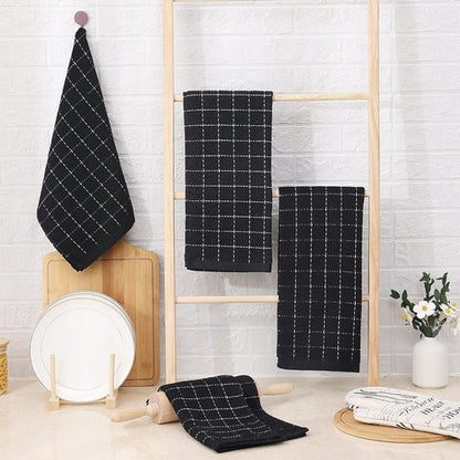 Homaxy Kitchen Towels - 100% Cotton Terry, Soft & Super Absorbent | Checkered Design, 4 Pack (Black, 13 x 28 Inches)