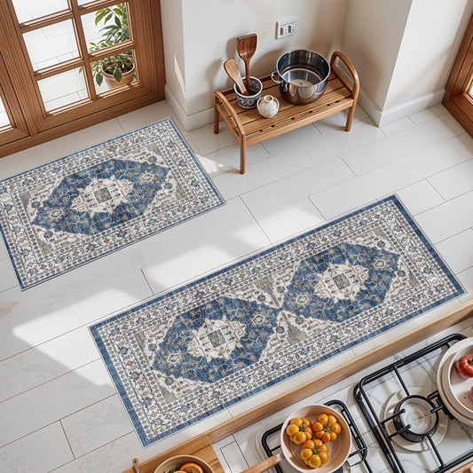 Kitchen Sink Rugs Set 0f 2: Washable Non-Slip Hardwood Floor Mat for Stove Dishwasher Fronts Soft Stain Resistant Carpet for Cooking Area & Fridge Boho Home Decor for High Traffic Area(2x3+2x4,Blue)