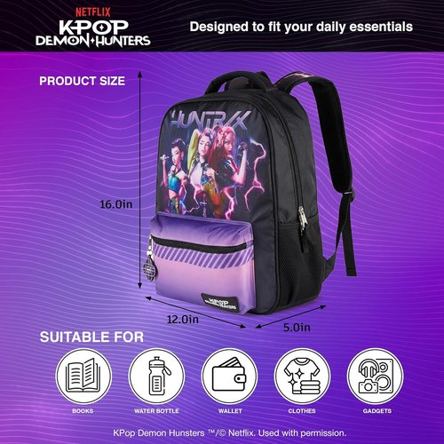 Huntrix K-Pop Demon Hunters 16” Backpack for Girls - Rumi, Zoey, Mira & Rubber Molded Charm