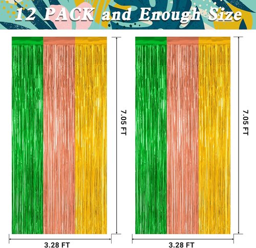 Hawaiian Party Decorations by [Brand Name] - 12 Pack Luau Backdrop Fringe Curtains | Metallic Green, Brown, Yellow 3.28 FT x 7.05 FT