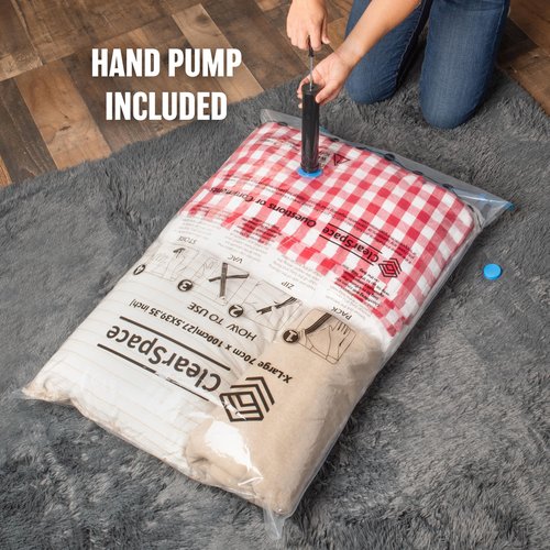 ClearSpace Vacuum Seal Bags for Clothing, Vacuum Storage Bags, 10 Large – Space Saver Bags, Blanket Storage, Clothes Storage – Space Bags, Hand Pump Included