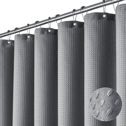 Dynamene Extra Long Fabric Shower Curtain - Waffle Weave 90 Inches Long Heavy Duty Cloth Shower Curtains for Bathroom, 256GSM Tall Hotel Luxury Bath Curtain Set with 12 Plastic Hooks,Grey/Gray