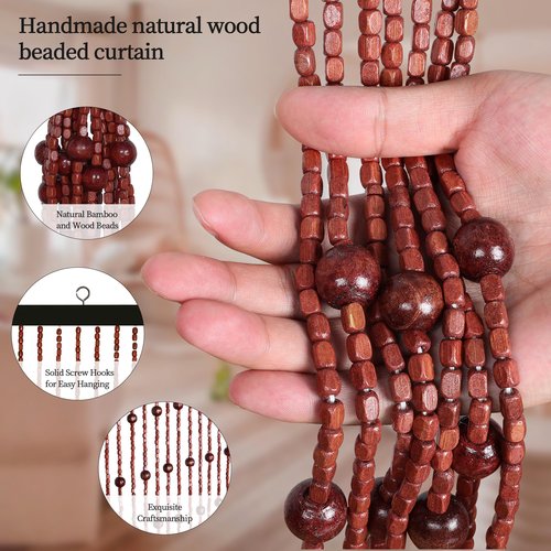 Foreate Handmade Beaded Curtains for Doorway Natural Wood Beaded Curtains Hippie Curtain for Hallway, 35.5 x 75 Inches Door Curtains Room Divider Bohemian Home Decor, Brown