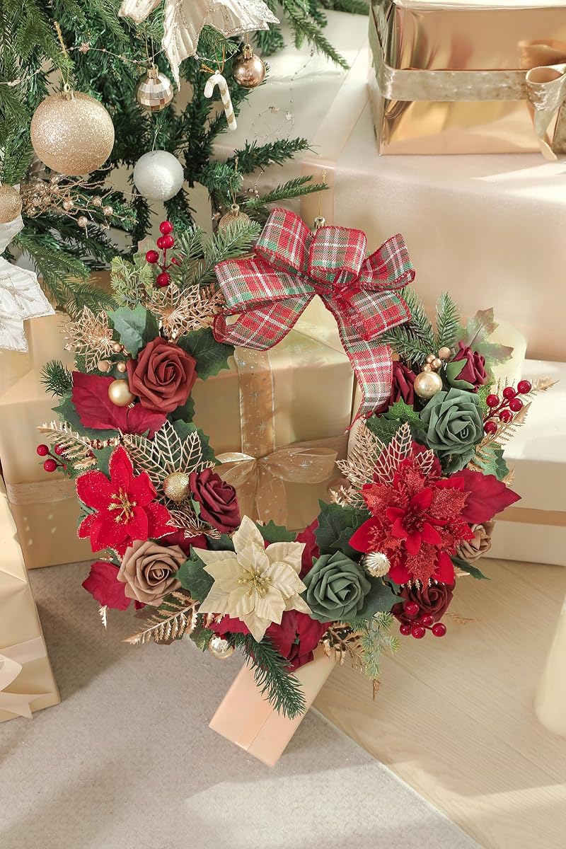 Red Poinsettias Christmas Artificial Flower Combo Set with Pine Stems & Gold Leaves - Rongflower Variation Chrismas Red Gold