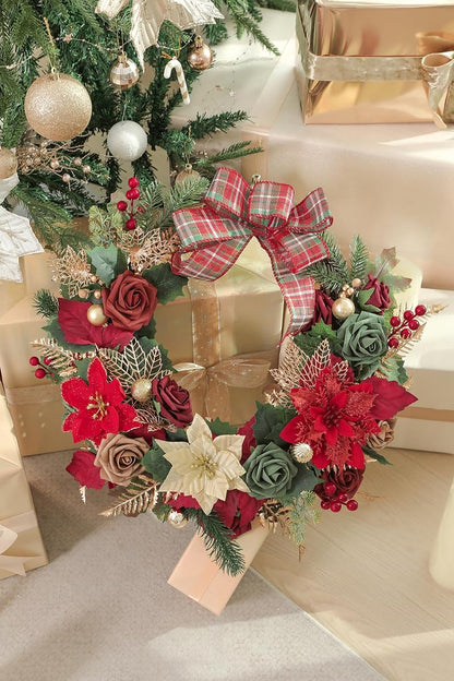 Red Poinsettias Christmas Artificial Flower Combo Set with Pine Stems & Gold Leaves - Rongflower Variation Chrismas Red Gold