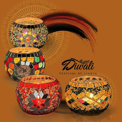 SHMILMH Glass Candle Holder Set - Handmade Mosaic Tealight Holders for Diwali & Christmas | 4-Pack