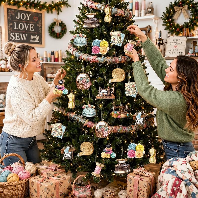 Sewing Theme Christmas Ornaments – 36 Pcs, 12 Styles, Wooden Decor (Variation: Sewing)