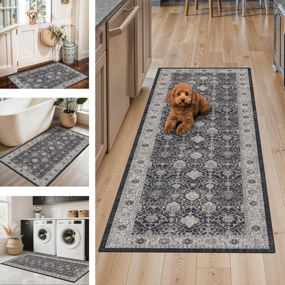 Skiennix Washable Kitchen Floor Mats - Non-Slip Water-Resistant Runners | Soft Decorative Rugs (2x3, 2x4, 2x5, 2x6, Black)