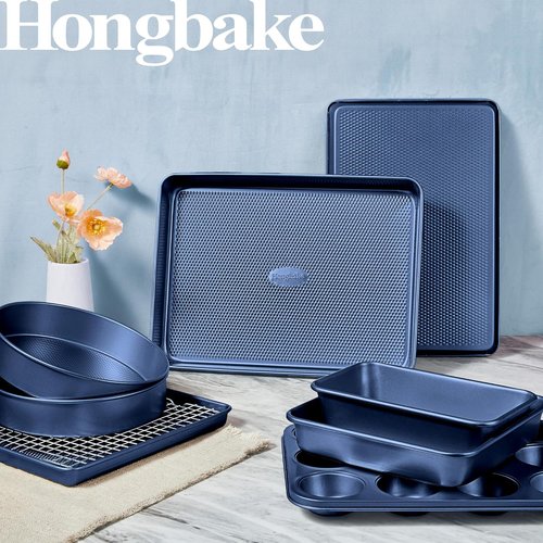 HONGBAKE 9-Piece Nonstick Baking Pans Set - Stackable, Non-Toxic Bakeware with Diamond Texture | Includes Cookie Sheet, Cake Pan, Roasting Pan & Muffin Tin in Blue