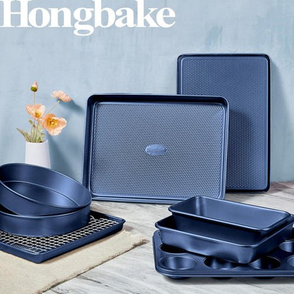 HONGBAKE 9-Piece Nonstick Baking Pans Set - Stackable, Non-Toxic Bakeware with Diamond Texture | Includes Cookie Sheet, Cake Pan, Roasting Pan & Muffin Tin in Blue