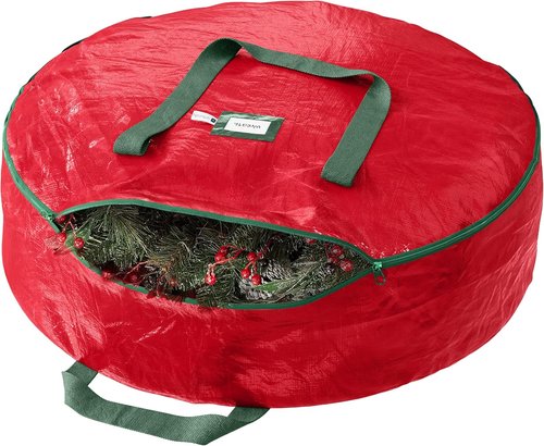 Heavy Duty Wreath Storage Bag - 24 Inch Waterproof Red Container for Year-Round Wreaths