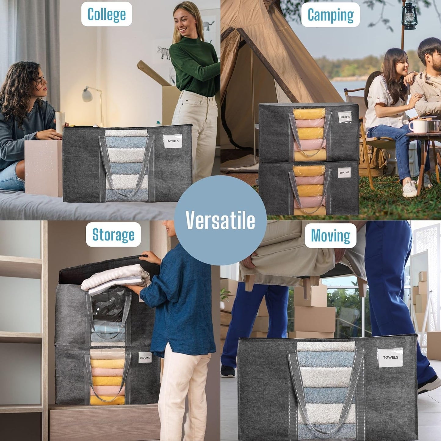 VENO Moving Bags - Extra Large Heavy-Duty Storage Bins with Clear Window & Zippers | Dark Gray, 2 Pack