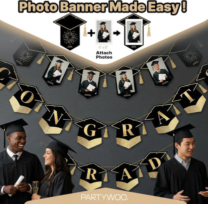PartyWoo Graduation Decorations - Class of 2026 Black & Gold Banner Set for College & High School Parties | 2-Piece