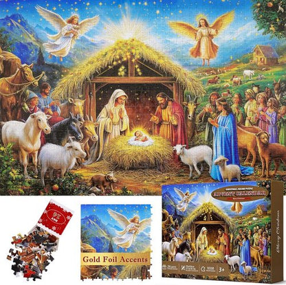 Gold Foil Accents Advent Calendar Jigsaw Puzzle - 1008 Pieces Nativity Scene Countdown for Family 2026
