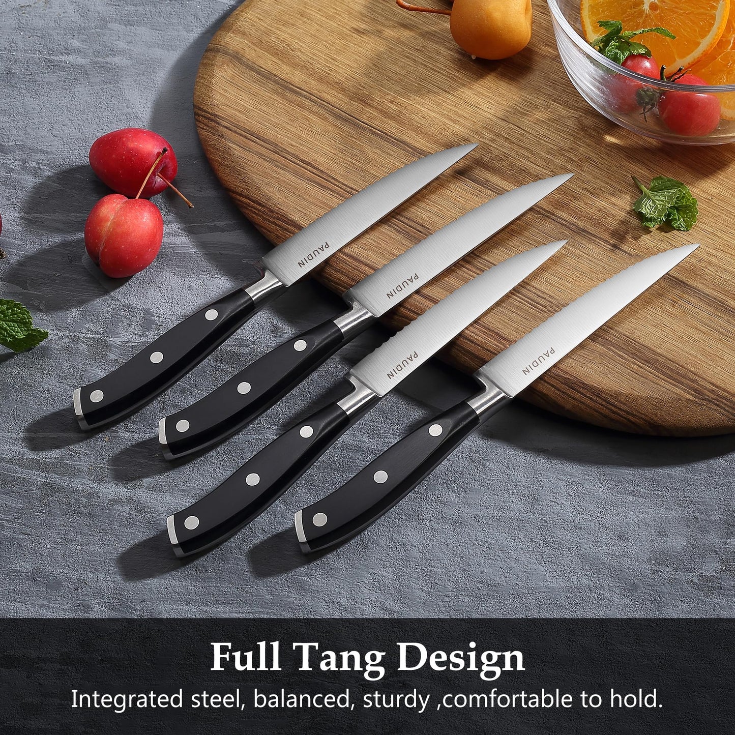 PAUDIN Steak Knives Set of 8, Steak Knives 4.5 Inch, High Carbon Stainless Steel Serrated Steak Knife Set with Full Tang Forged Blade & ABS Handle, Dinner Knives Black