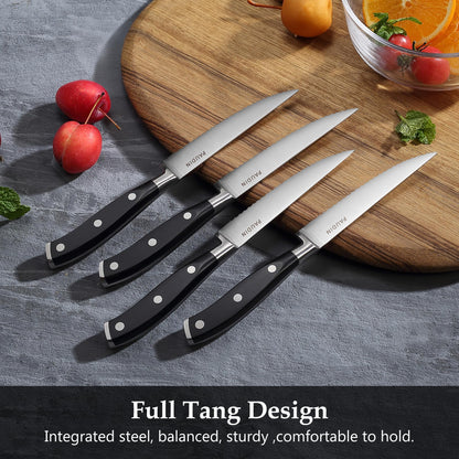 PAUDIN Steak Knives Set of 8, Steak Knives 4.5 Inch, High Carbon Stainless Steel Serrated Steak Knife Set with Full Tang Forged Blade & ABS Handle, Dinner Knives Black