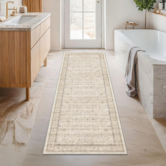 Regine Switzerland Long Ivory Farmhouse Runner Rug - Washable Non-Slip 2'6"x8' Floral Design
