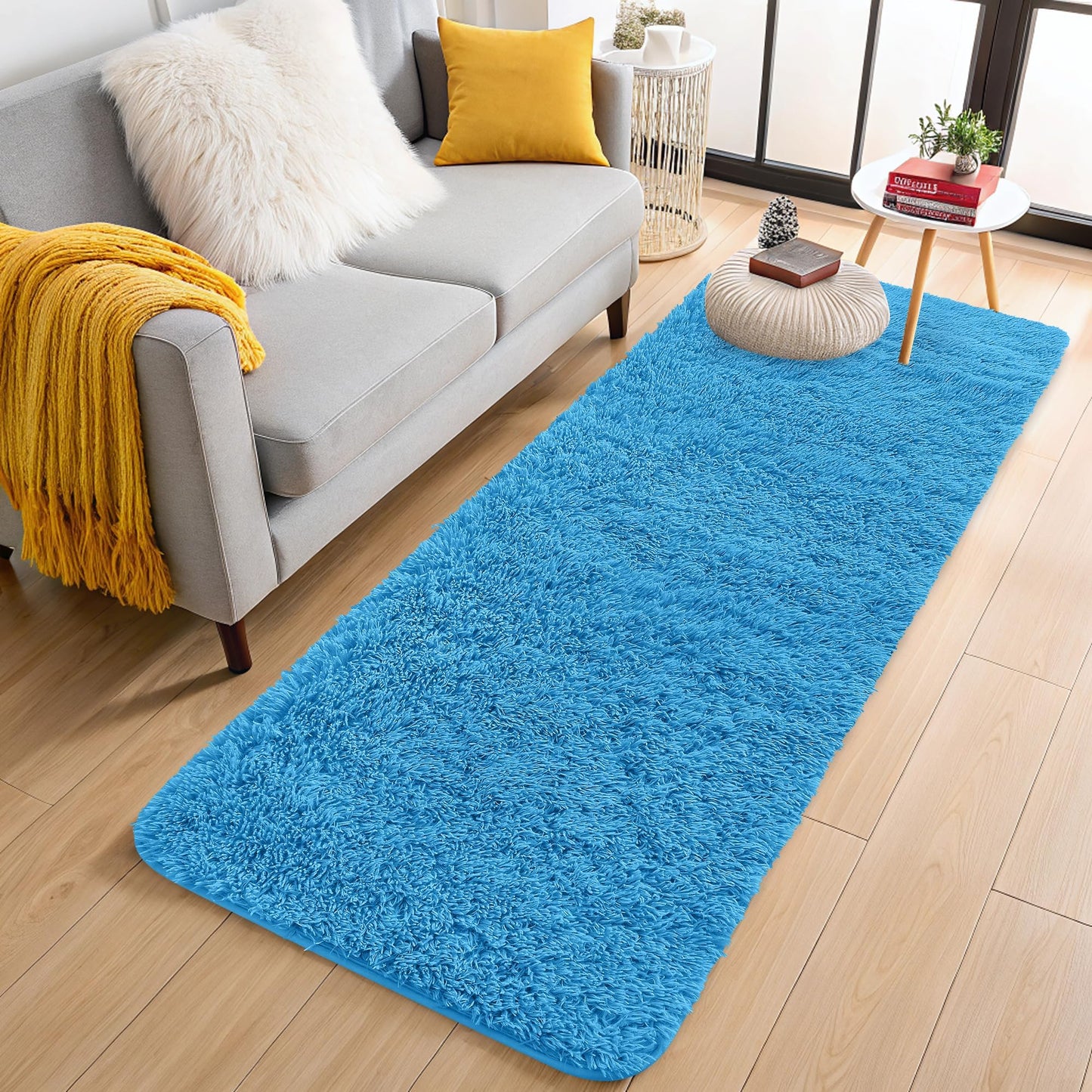 OLANLY 2x4 Machine Washable Runner Rugs for Hallway, Soft Fluffy Shaggy Bedside Rugs for Bedroom, Living Room, Indoor Floor Carpet for Kids Girls and Boys, Home Decor Aesthetic, Bright Blue