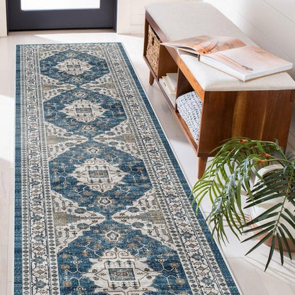 Hallway Washable Runner Rug - Vintage Soft Non-Slip Entryway Carpet | 2'6'' x 14', Blue