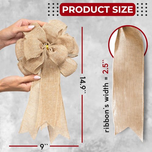 Large Bow for Wreath - 14.9 x 9 Inches Burlap Rustic Tree Topper | Farmhouse Home Decor
