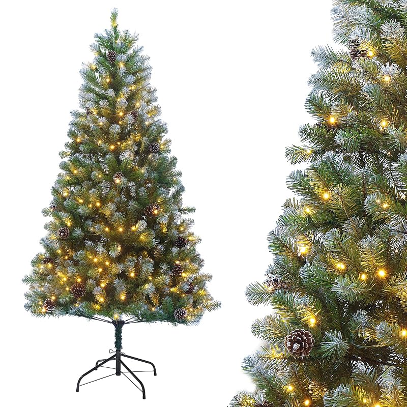 6ft Pre-Lit Artificial Christmas Tree with 250 Warm White Lights, 705 Snow-Dusted Tips & 51 Pine Cones
