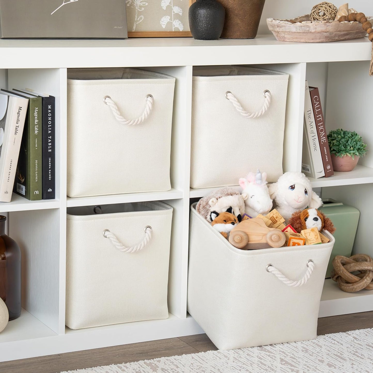 OrganiHaus 12x12 Cube Storage Bins - Foldable Fabric Organizers with Rope Handles | 4-Pack Off-White