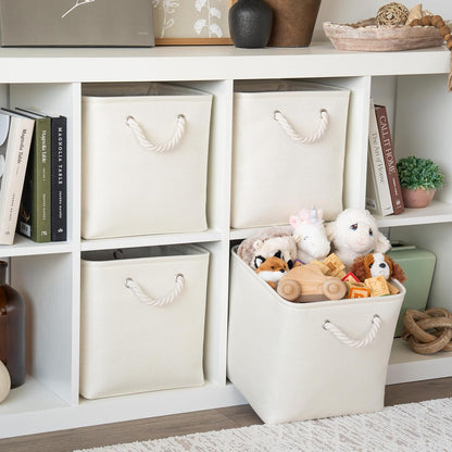 OrganiHaus 12x12 Cube Storage Bins - Foldable Fabric Organizers with Rope Handles | 4-Pack Off-White