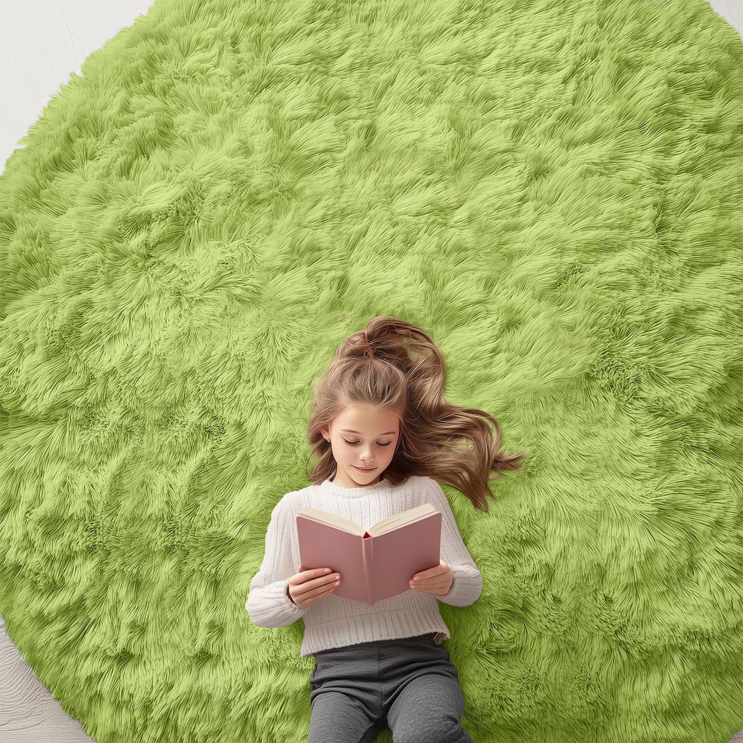 OLANLY Grass Green Round Rugs for Bedroom - Machine Washable, 8 ft Circle Area Rugs for Living Room, Soft and Fluffy Shaggy Carpet for Teen Girls and Boys, Nursery Rooms, Dorms, Home Decor Aesthetic