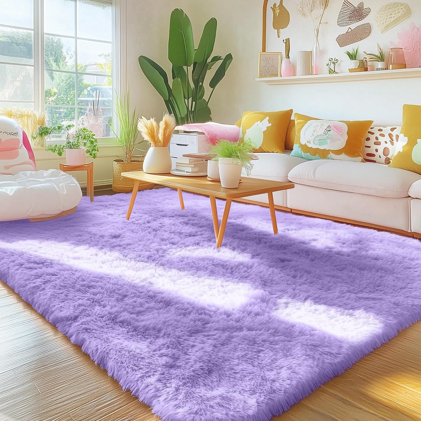 OLANLY Area Rug - Soft Fluffy Shaggy Design | Machine Washable 4x5.9 ft | Light Purple for Kids' Rooms