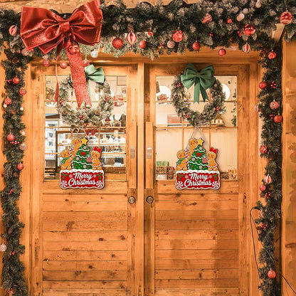 Colorful Merry Christmas Gingerbread Door Sign — 13.3 x 11.6 in Wooden Hanging Wreath