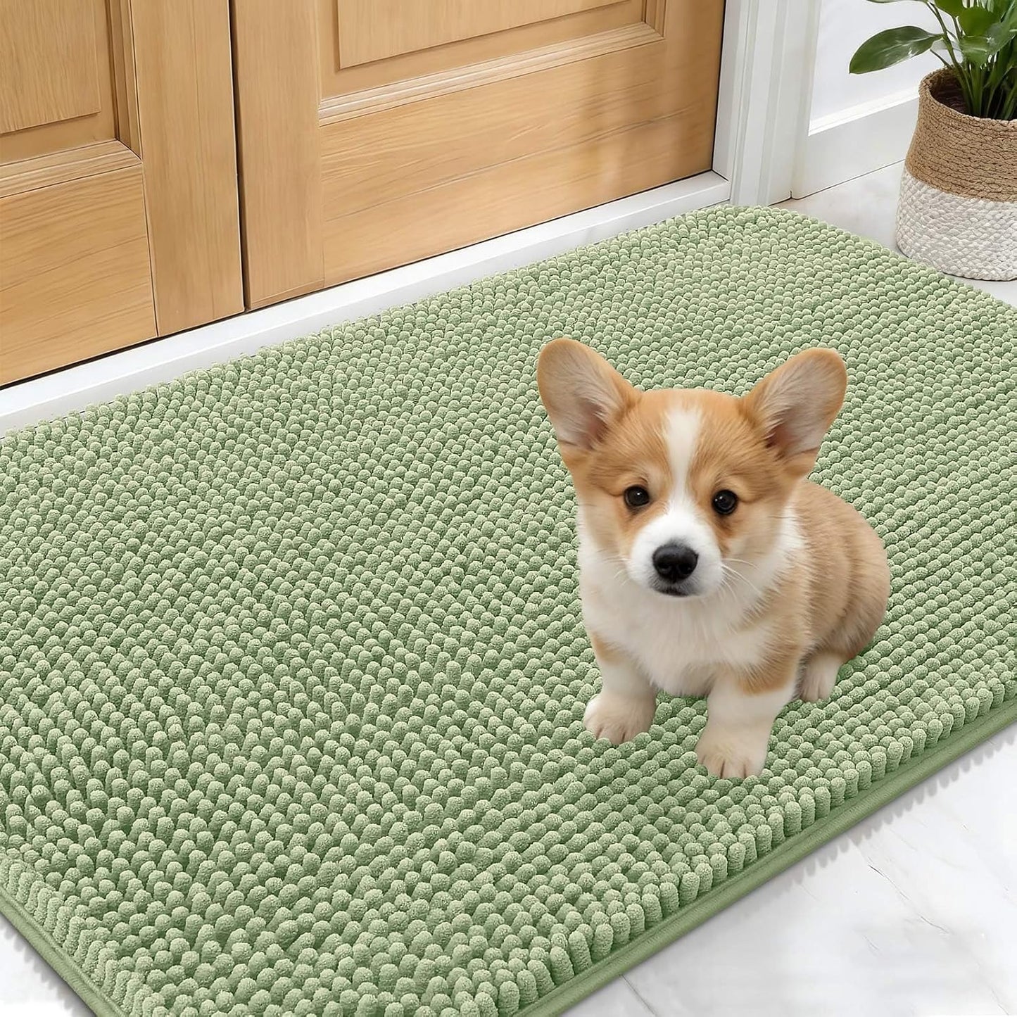 OLANLY Dog Door Mat - Absorbent Non-Slip Chenille for Muddy Paws | 30x17 Inches, Quick Dry, Sage Green