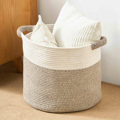 Skiennix Woven Round Rope Storage Basket - Stylish Blanket & Toy Organizer (16"Wx14"H) - White & Brown
