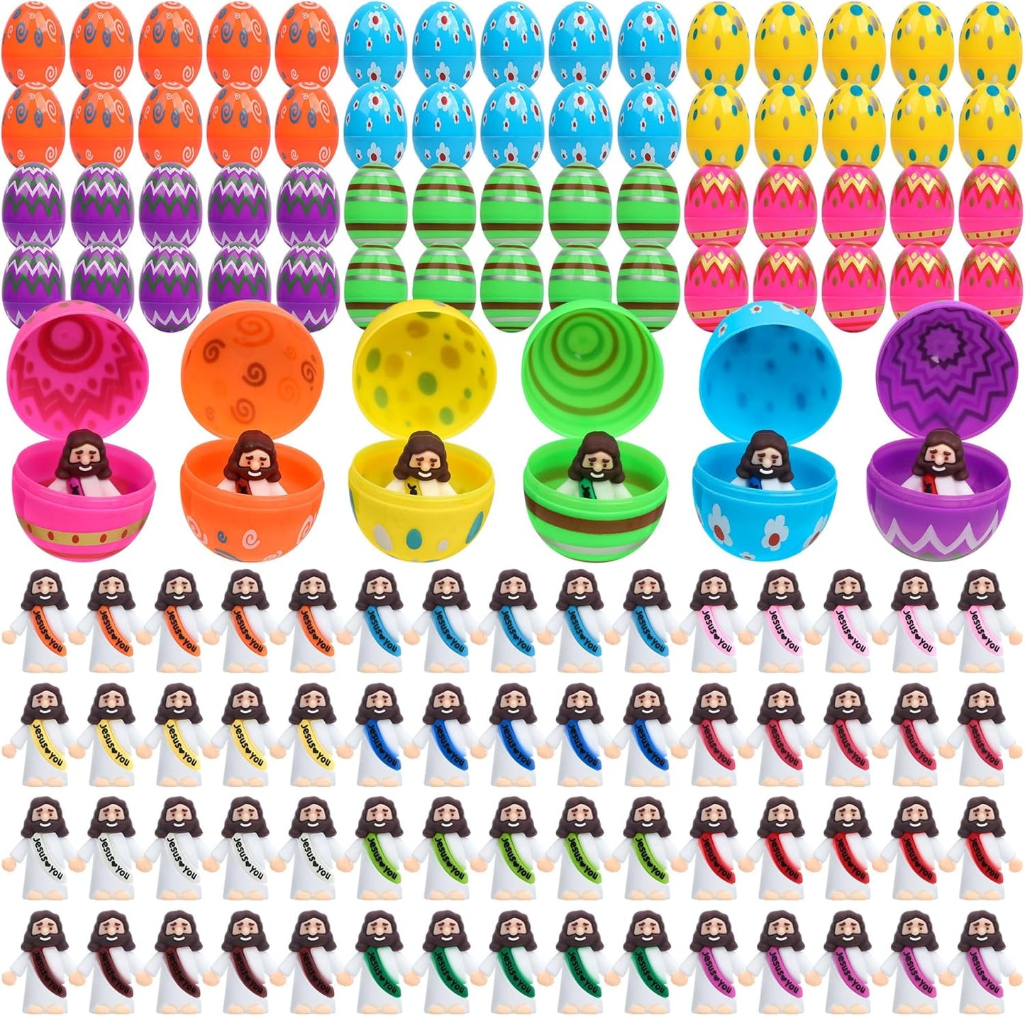 Religious Easter Basket Stuffers - 60 PCS Jesus Figurines & Colorful Eggs for Kids' Egg Hunt