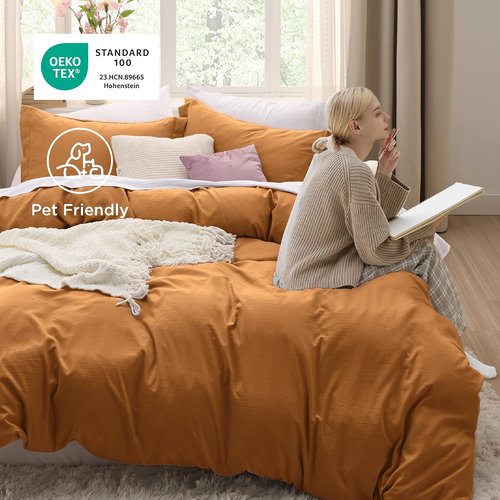 Bedsure Honey Ginger Duvet Cover Set - Extra Soft Cotton-Like Bedding, Full Size 80x90 Inches, 3 Pieces with Zipper Closure