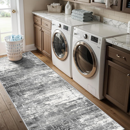 Skiennix Washable Kitchen Area Rug - Non-Slip, Water-Resistant Soft Carpet | 2x5 ft, Black/Grey
