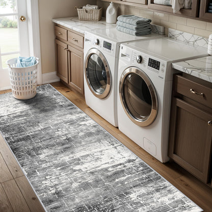 Washable 2x5 Kitchen Area Rug: Non-Slip Abstract Water-Resistant Entryway Rug Soft Sink Fridge Area Bedroom Carpet Low Pile Floor Mat for Bathroom Laundry Nursery Non-Shedding Runner(2X5,Black/Grey)