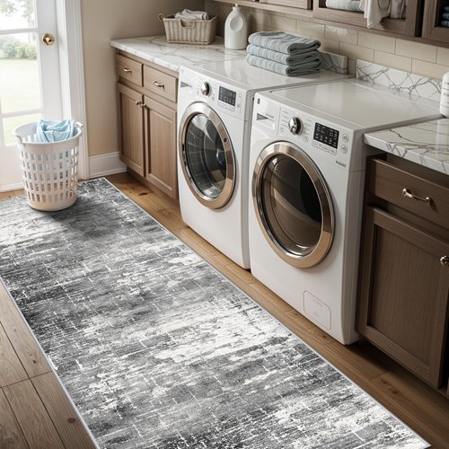 2x8 Washable Hallway Runner Rug: Abstract Stain Resistant Kitchen Rugs Farmhouse Ultra Soft Bathroom Bedroom Entryway Print Floor Mat Thin Non-Slip Indoor Carpet for Living Room Laudry(2x8,Black/Grey)