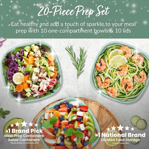 Bentgo Prep - Reusable 1-Compartment Meal Prep Bowls with Custom Fit Lids - 10 Bowls & Lids, Sage Leaf Glitter