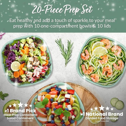 Bentgo Prep - Reusable 1-Compartment Meal Prep Bowls with Custom Fit Lids - 10 Bowls & Lids, Sage Leaf Glitter