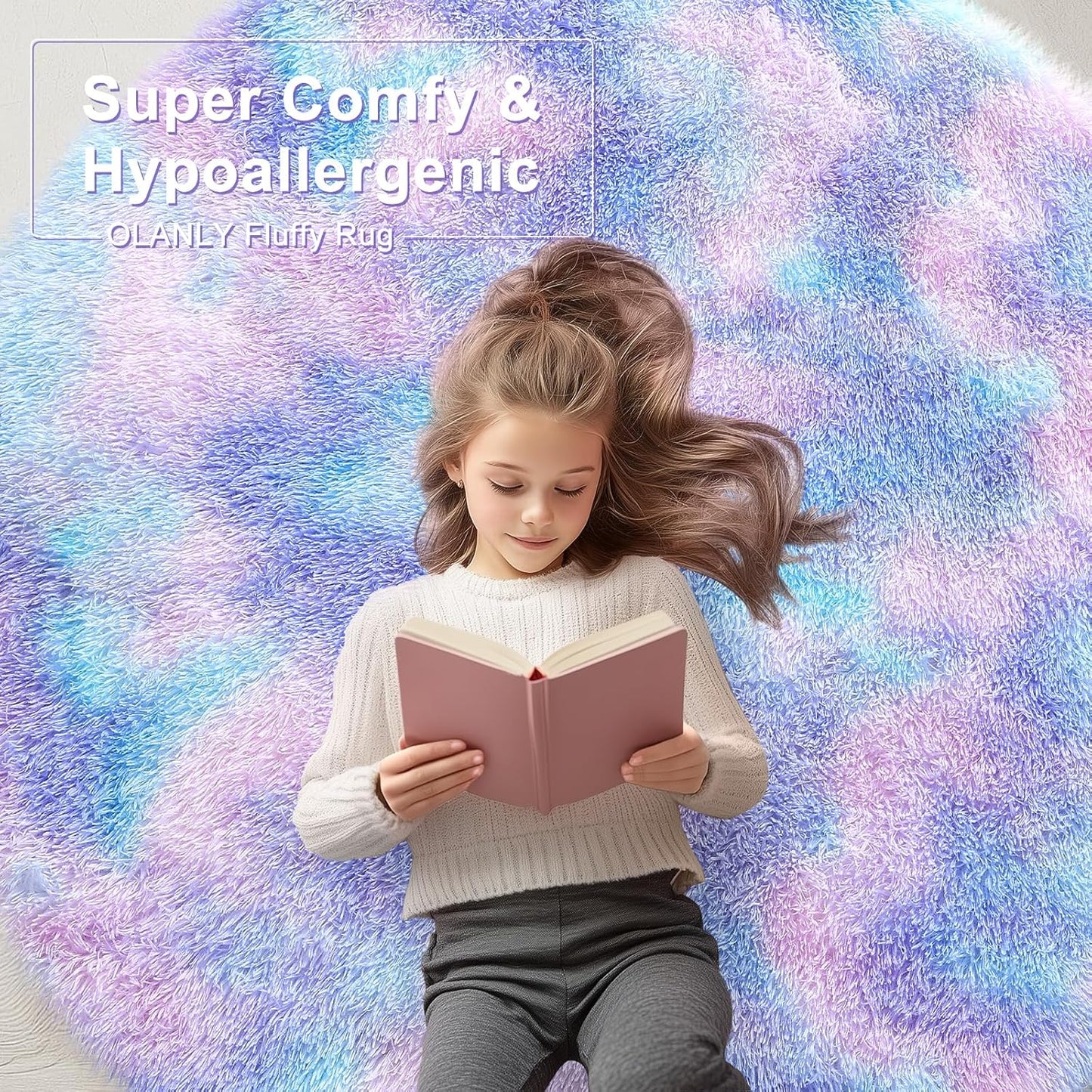 OLANLY Round Purple Rainbow Rug - Soft, Fluffy, Machine Washable 4x4 Feet Area Rug for Kids' Rooms | Home Decor