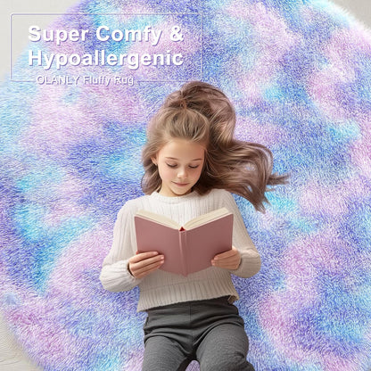 OLANLY Round Purple Rainbow Rug - Soft, Fluffy, Machine Washable 4x4 Feet Area Rug for Kids' Rooms | Home Decor