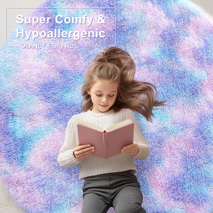 OLANLY Purple Rainbow Round Rugs for Bedroom - Machine Washable, 4x4 Feet Circle Area Rugs for Living Room, Soft and Fluffy Shaggy Carpet for Girls and Boys, Nursery Rooms, Dorms, Home Decor Aesthetic