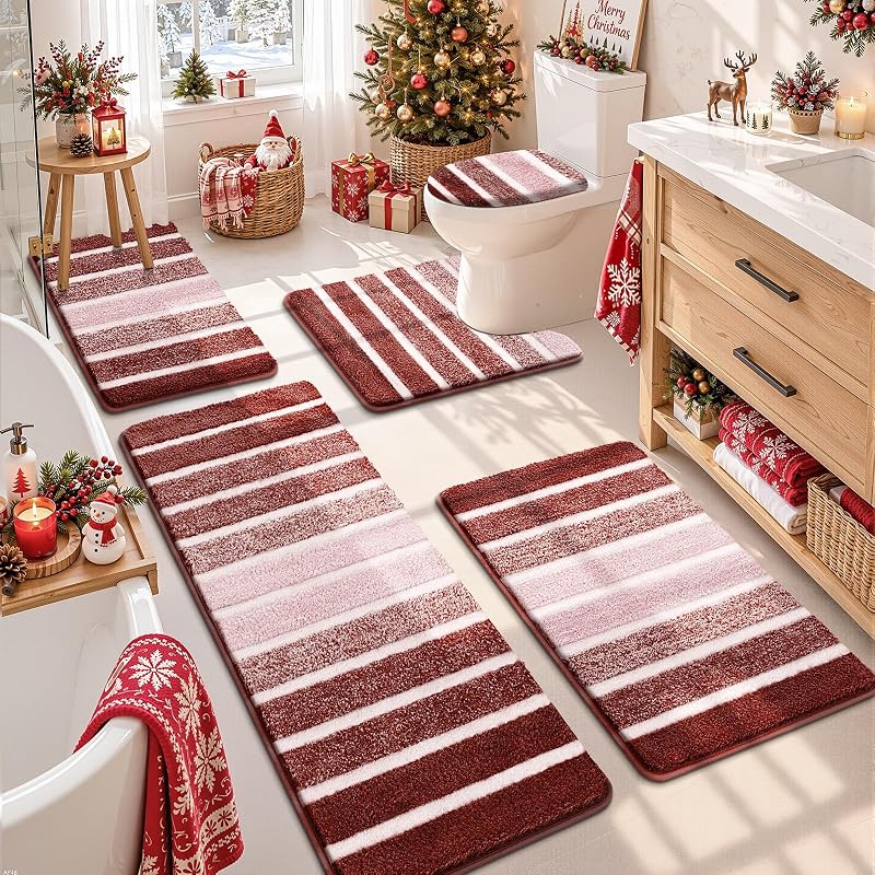 Christmas Bath Rug Set 5-Piece Non-Slip Red 18x26, 20x32, 20x48, U-Shape 20x24, Lid Cover 19x21