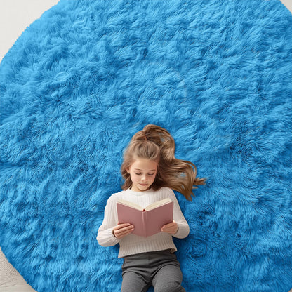 OLANLY Bright Blue Round Rugs for Bedroom - Machine Washable, 8 ft Circle Area Rugs for Living Room, Soft and Fluffy Shaggy Carpet for Teen Girl and Boys, Nursery Rooms, Dorms, Home Decor Aesthetic