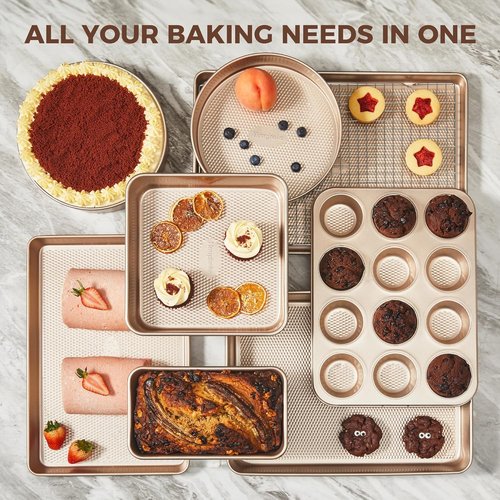 HONGBAKE 9-Piece Nonstick Baking Pans Set - Stackable, Non-Toxic Bakeware with Diamond Texture | Gold Finish