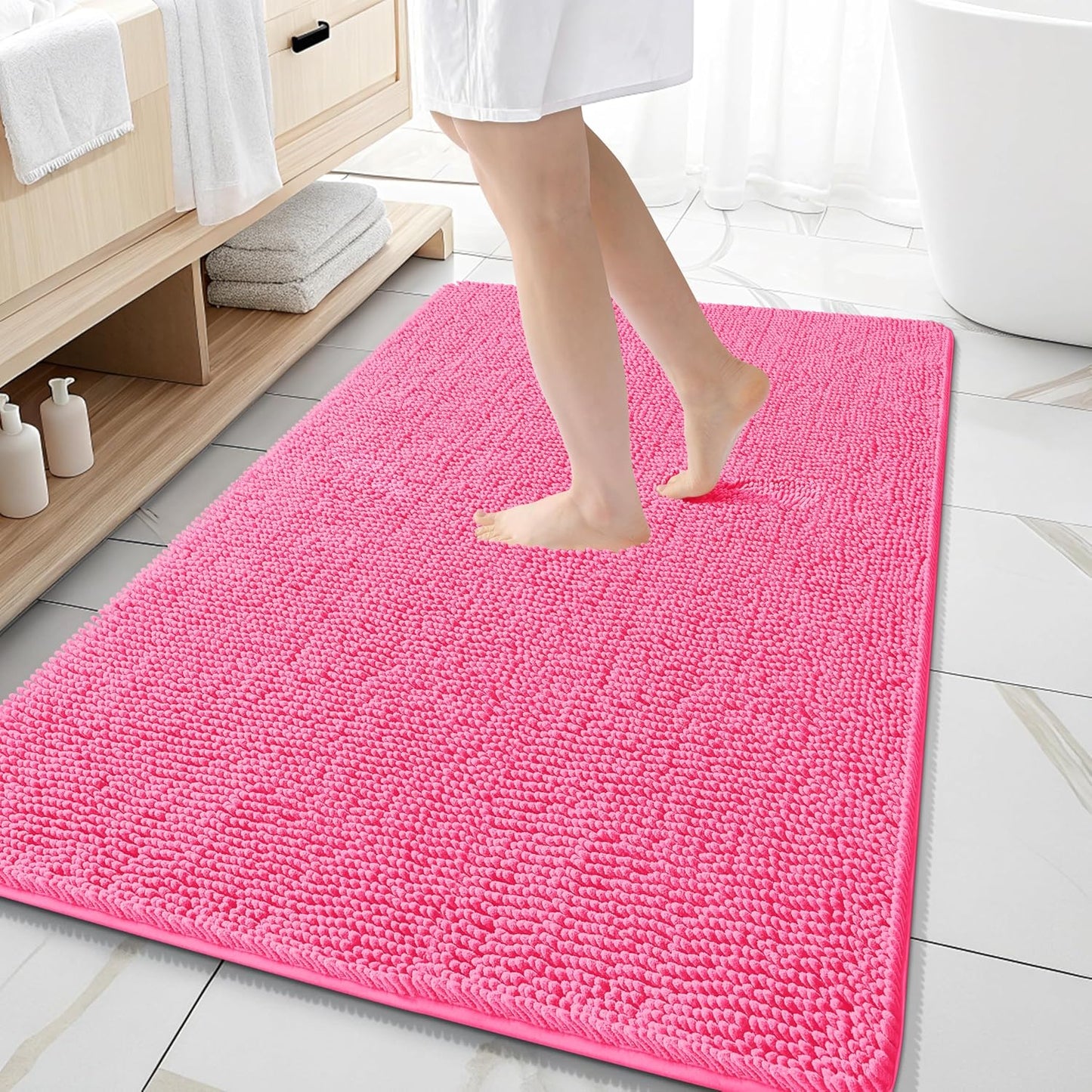 OLANLY Large Bath Rugs - Extra Soft Chenille, Quick Dry & Machine Washable | 59x35, Hot Pink