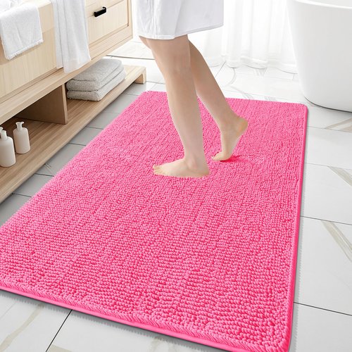 OLANLY Bathroom Rugs 59x35, Extra Soft Absorbent Chenille Bath Rugs, Rubber Backing Quick Dry, Machine Washable Bath Mats for Bathroom Floor, Tub and Shower, Home Decor Accessories, Hot Pink